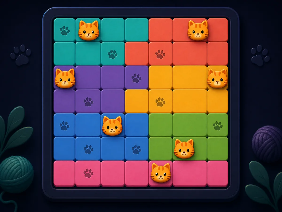 A solved Cat Queens board: orange cats placed on a colorful grid with paw-print exclusion marks